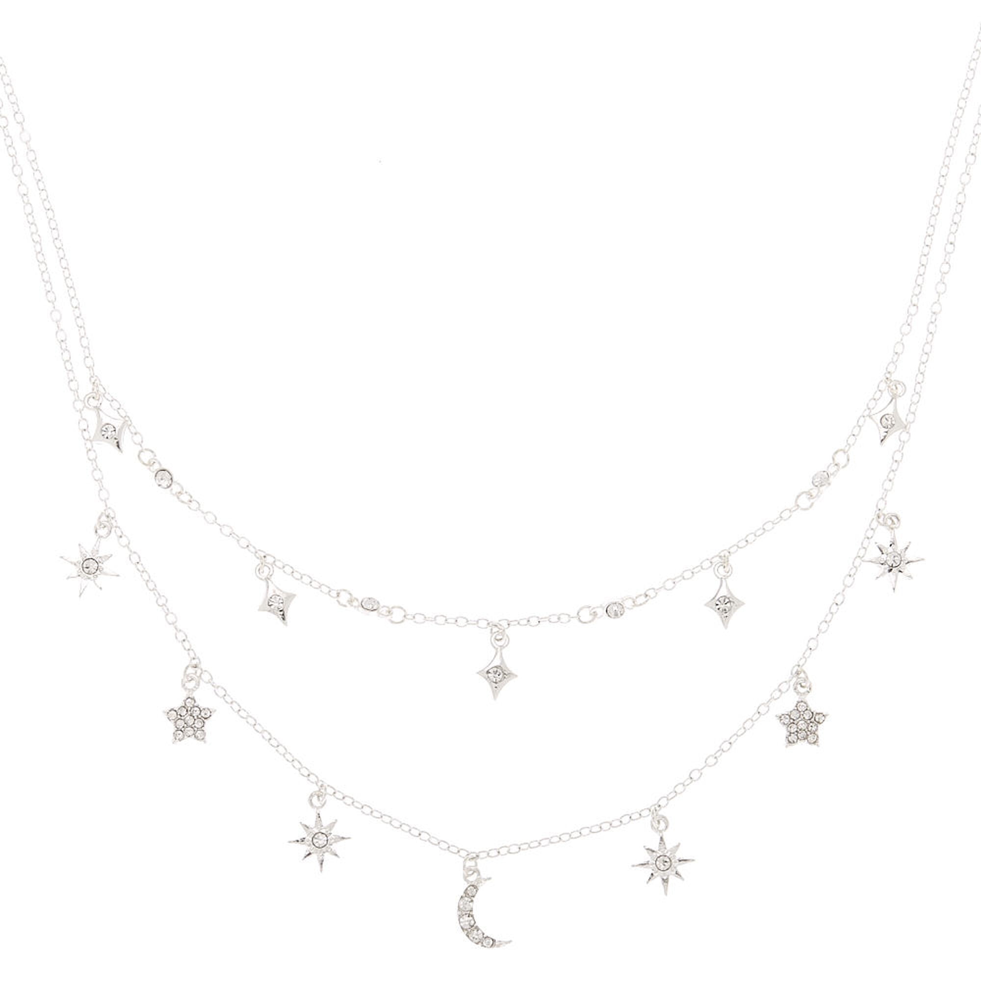 Claire's Silver Celestial Charm Multi Strand Necklace, Silver,Adult.