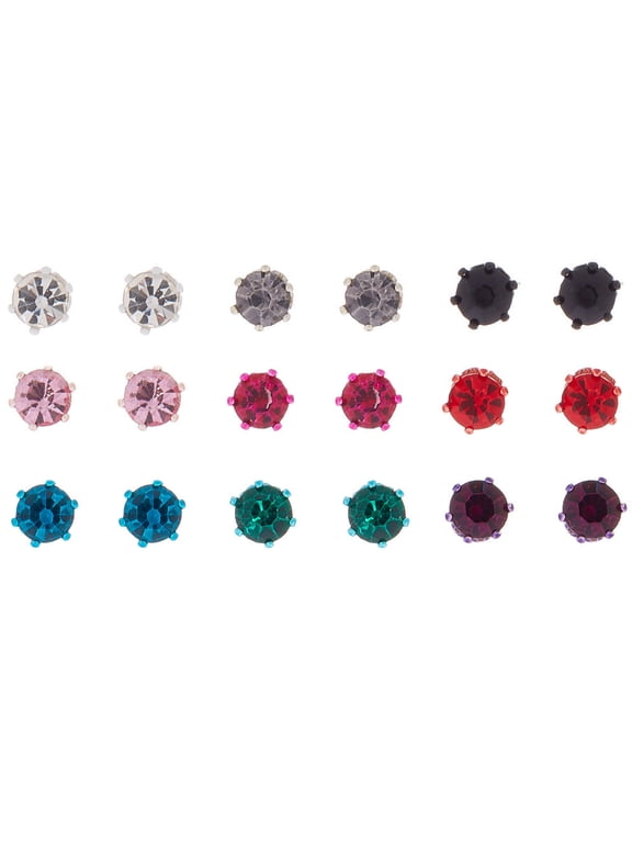 Silver Cool Tone Crystal Stud Earrings - 9 Pack