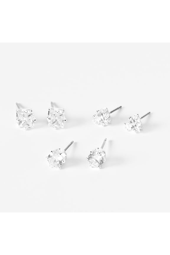 Silver Cubic Zirconia 5MM Round Stud Earrings - 3 Pack