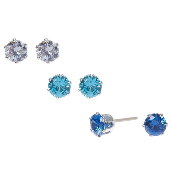 Claire's Silver Cubic Zirconia 5MM Round Stud Earrings - Blue, 3 Pack