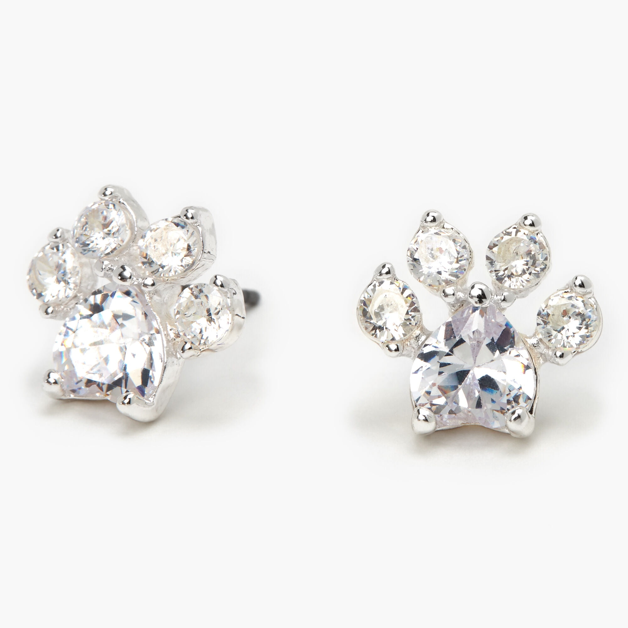 CLAIRE'S Silver Cubic Zirconia Paw Print Stud Earrings - 10MM Tween Female