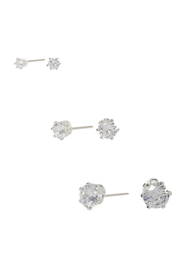 Silver Cubic Zirconia Round Stud Earrings - 3MM, 5MM, 7MM
