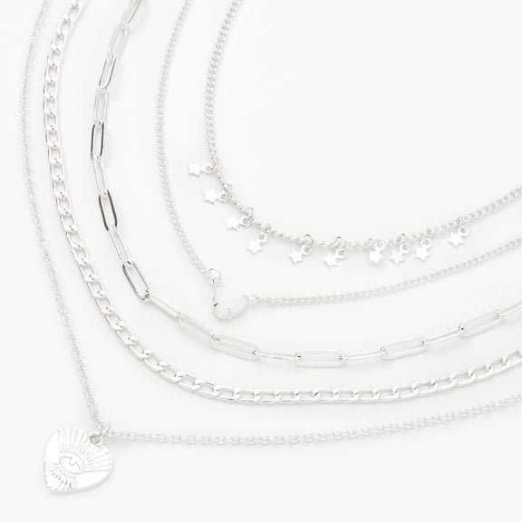 Claire's Silver Evil Eye Heart & Star Chain Multi Strand Necklace, Silvertone,Adult.