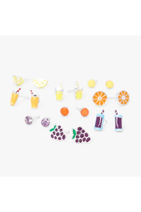 Silver Fruit Juice Stud Earrings - 9 Pack