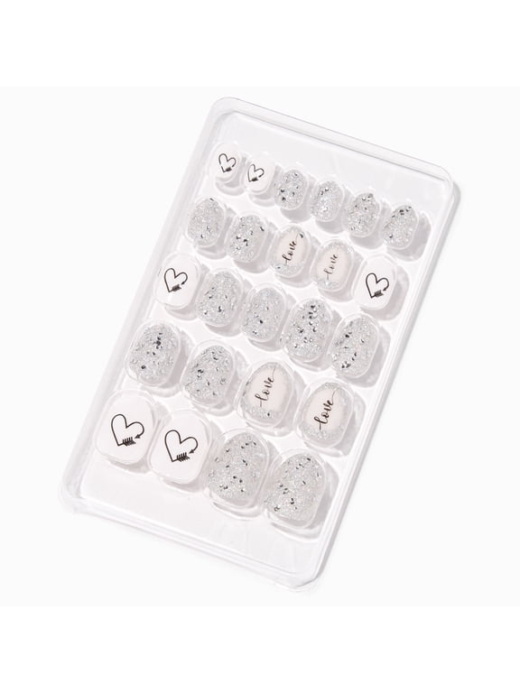 Silver Glitter Love Stiletto Press on Vegan Faux Nail Set - 24 Pack