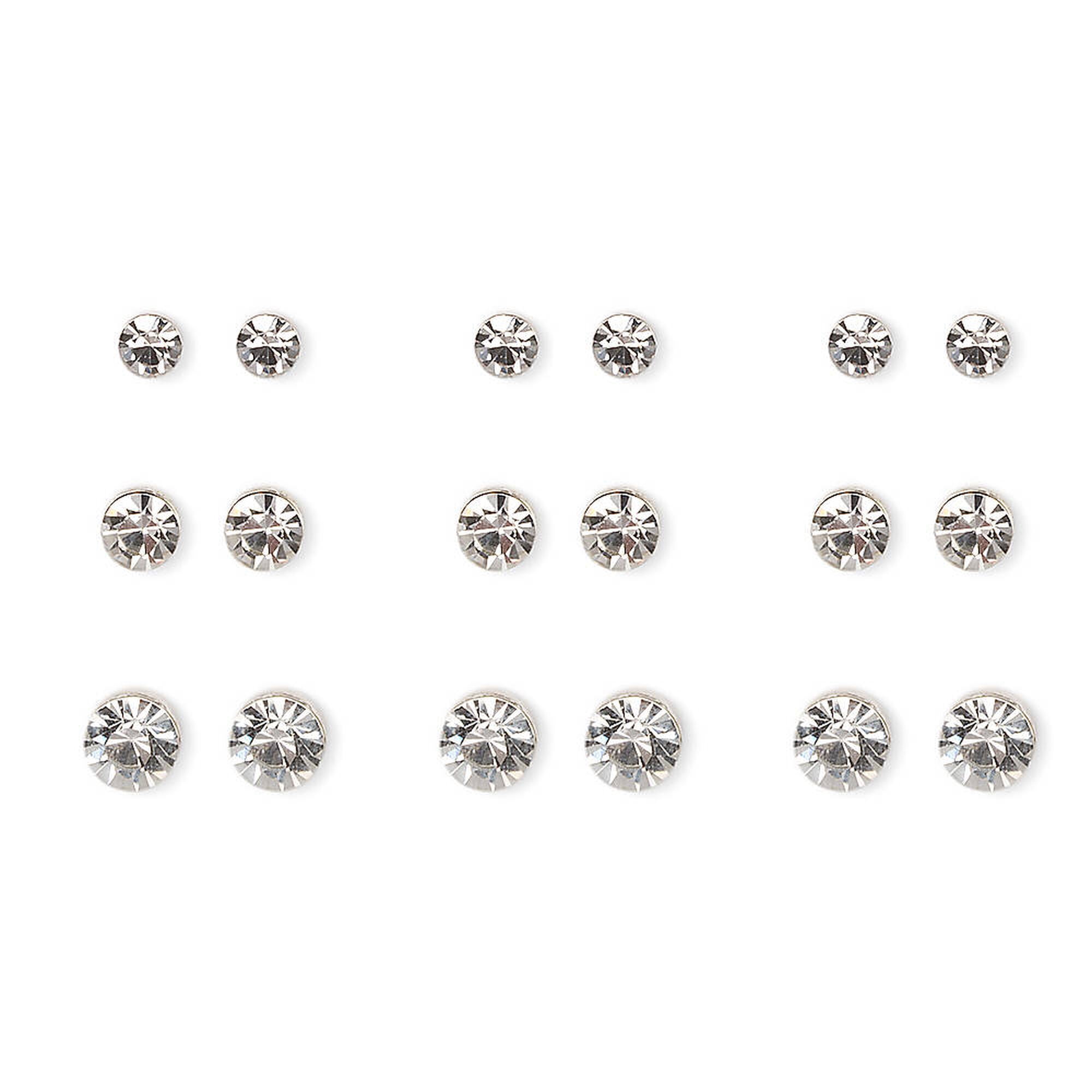 Claire's Silver Graduated Crystal Bezel Stud Teen Earrings - 9 Pack