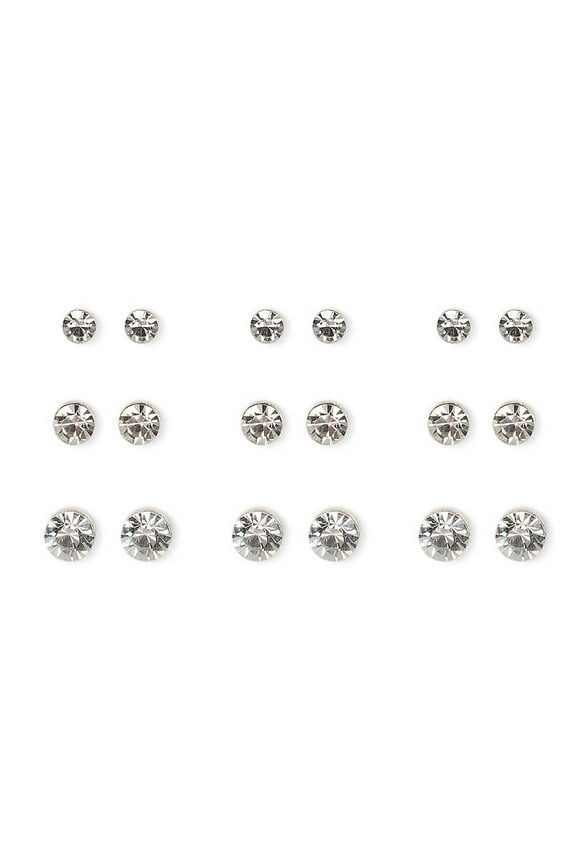 Silver Graduated Crystal Bezel Stud Teen Earrings - 9 Pack