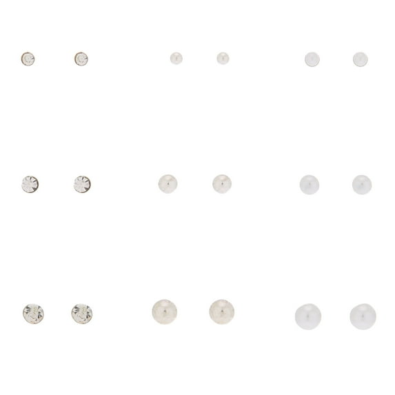 Claire's Silver Graduated Crystal Pearl Stud Earrings - 9 Pack