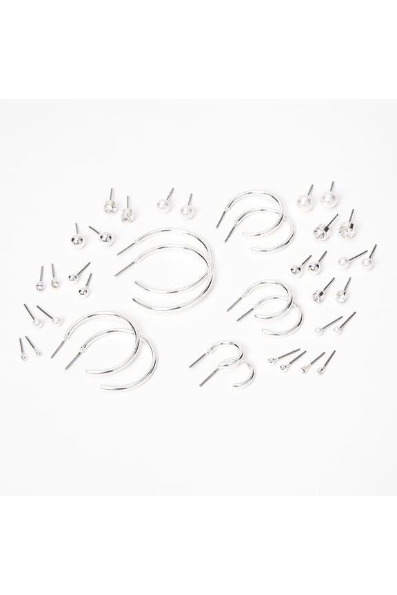 Silver Graduated Mixed Earrings Set - 20 Pack