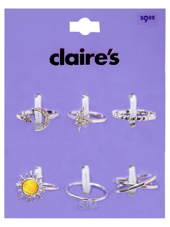 Silver Moon and Sun Rings Set, Size 6 or 7, (Pack of 6)