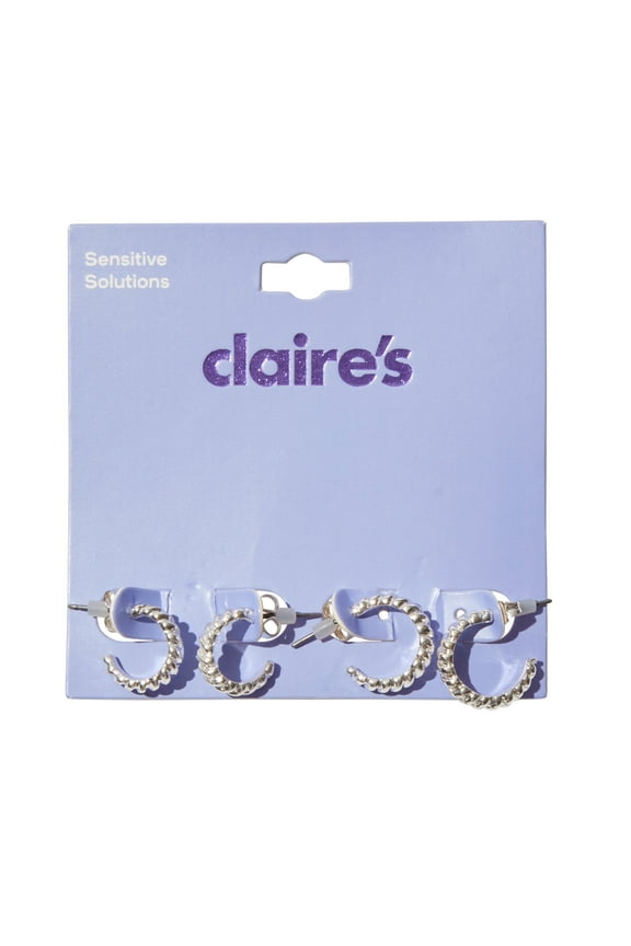 Silver Twisted Rope Tiny Hoop Earrings for Women and Girls, 2-Pack