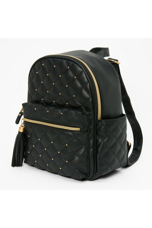 Small Backpack Girls Purse - Cute Functional Fashion Accessory for Kids Little Girl, Tweens and Teens - Faux Leather Gold Pearl Studded Black 11W x 12H x 4D