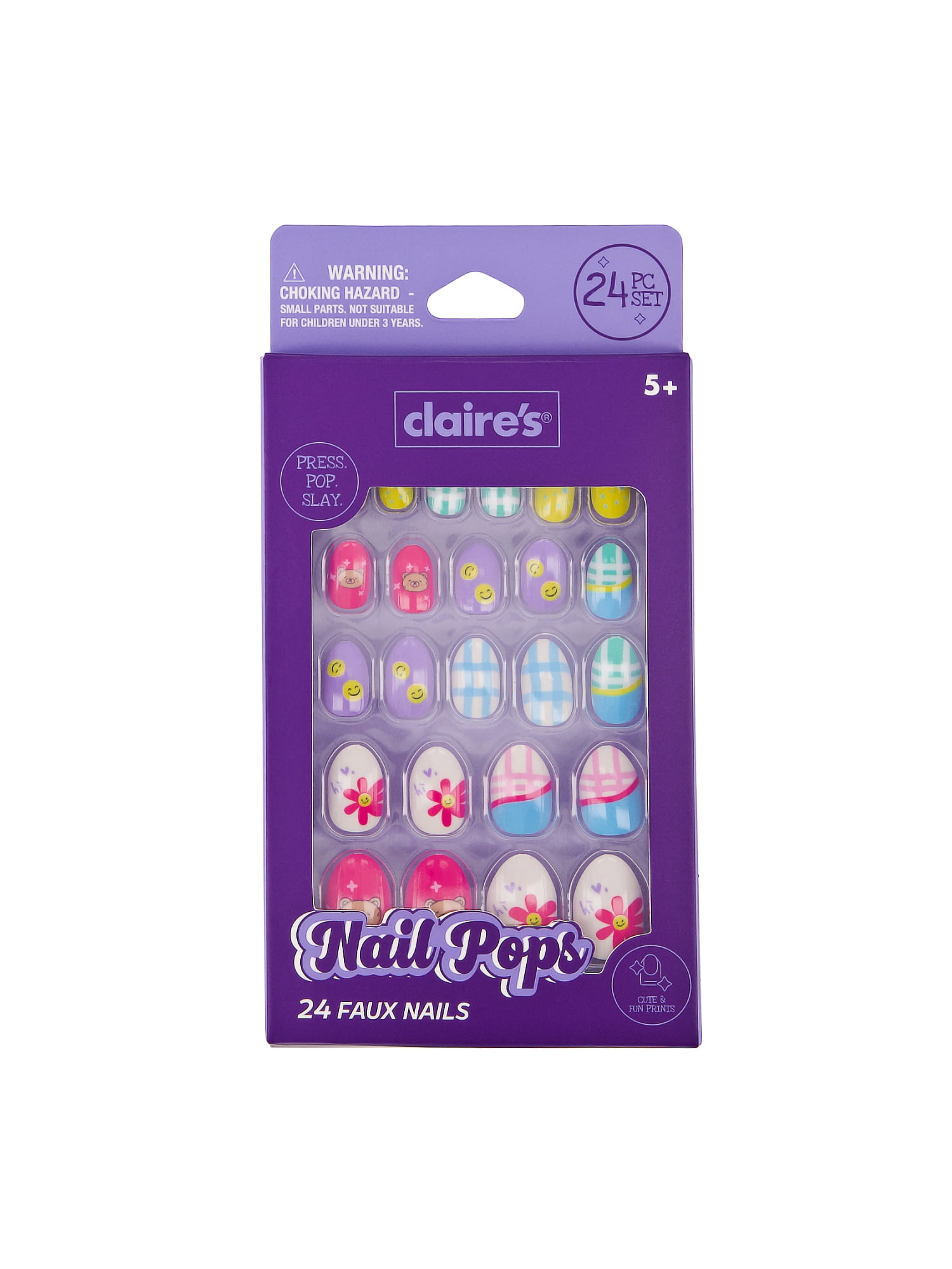 Claire's Smile Daisy Print Oval Shaped Press-on Nails, 24 Nails