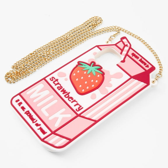 Claire's Strawberry Milk Silicone Phone Case with Gold Chain - Fits iPhone 11