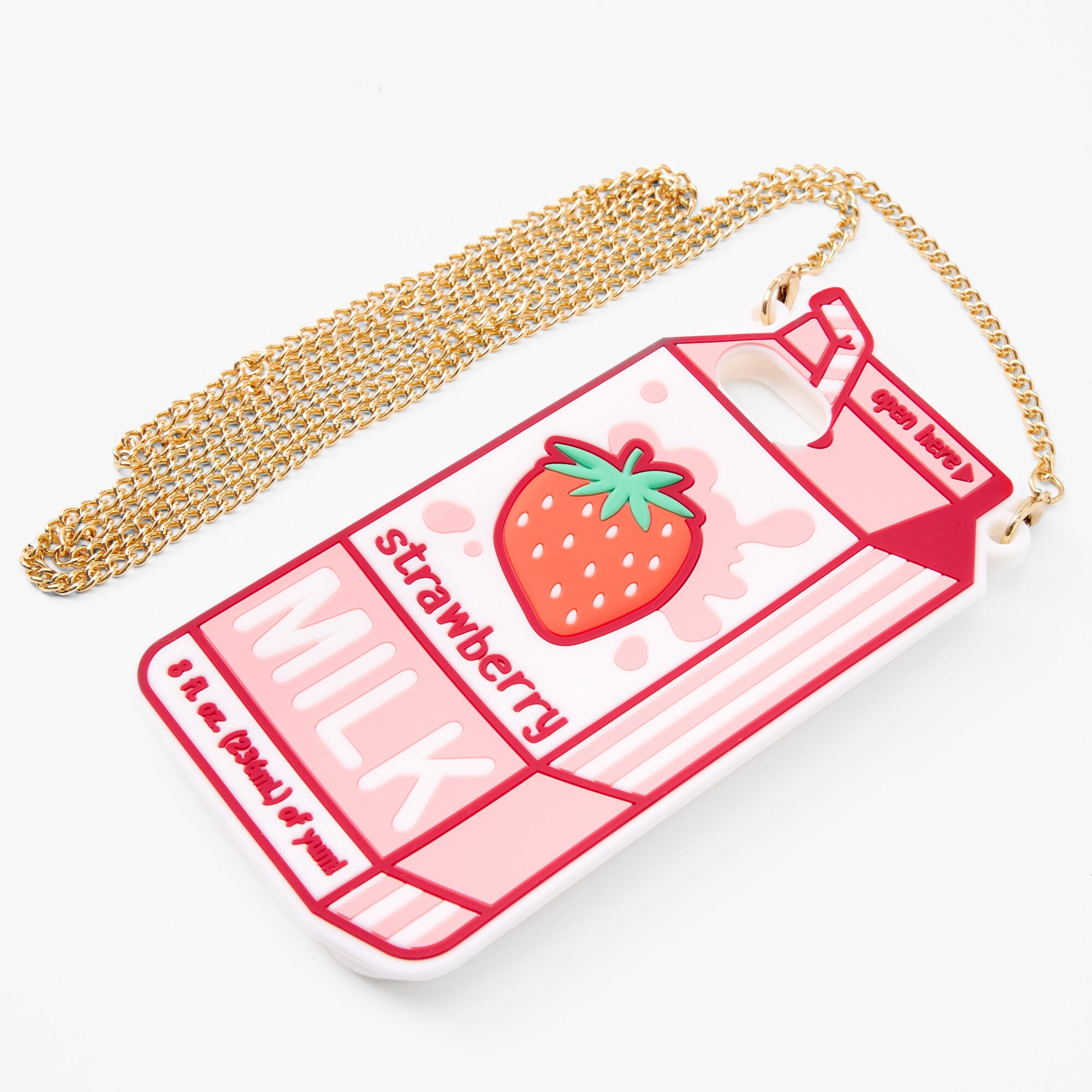 Claire's Strawberry Milk Silicone Phone Case with Gold Chain