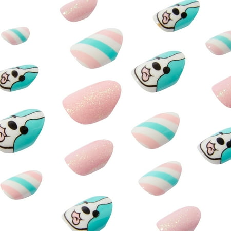 Claire's Teen Girls Blue and Pink Stripped Dog Almond Shape Press-on Nails, 24-Pack