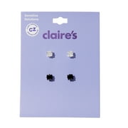CLAIRE'S Teen Girls Clear and Black Cubic Zirconia Square Stud Earrings, 2-Pack, 5MM