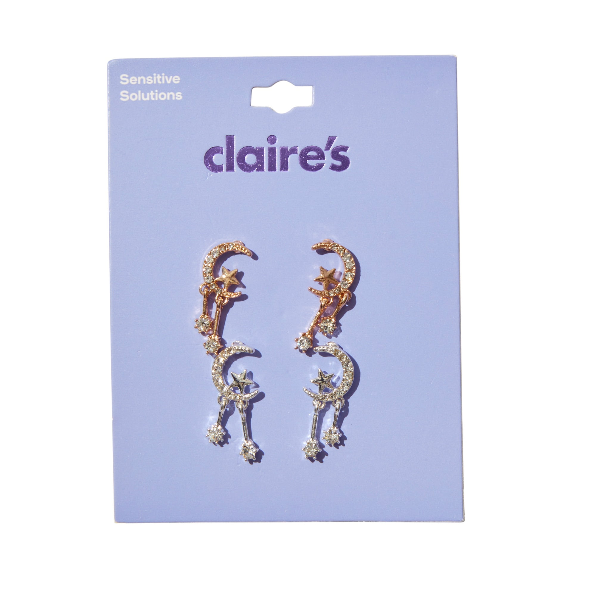 Claire's Teen Girls Gemstone Moon and Star Drop Earrings, 2-Pack, Sensitive Solutions