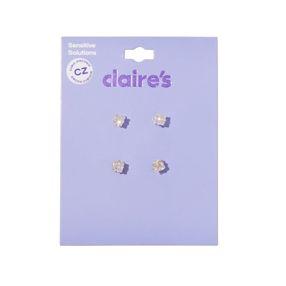 Claire's Teen Girls Sensitive Solutions Cubic Zirconia 5mm Silver and Gold Square Earrings, 2-Pairs