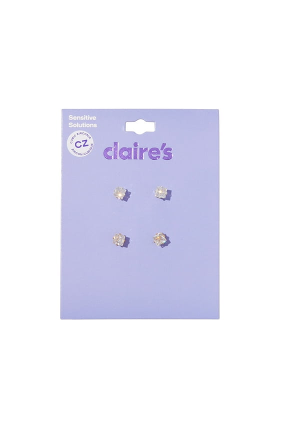 Teen Girls Sensitive Solutions Cubic Zirconia 5mm Silver and Gold Square Earrings, 2-Pairs