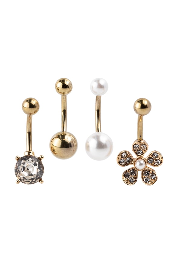 Teen and Adult Gold 14G Cubic Zirconia Gemstone Crystal Flower Belly Rings, Barbell Post, 4 Pack