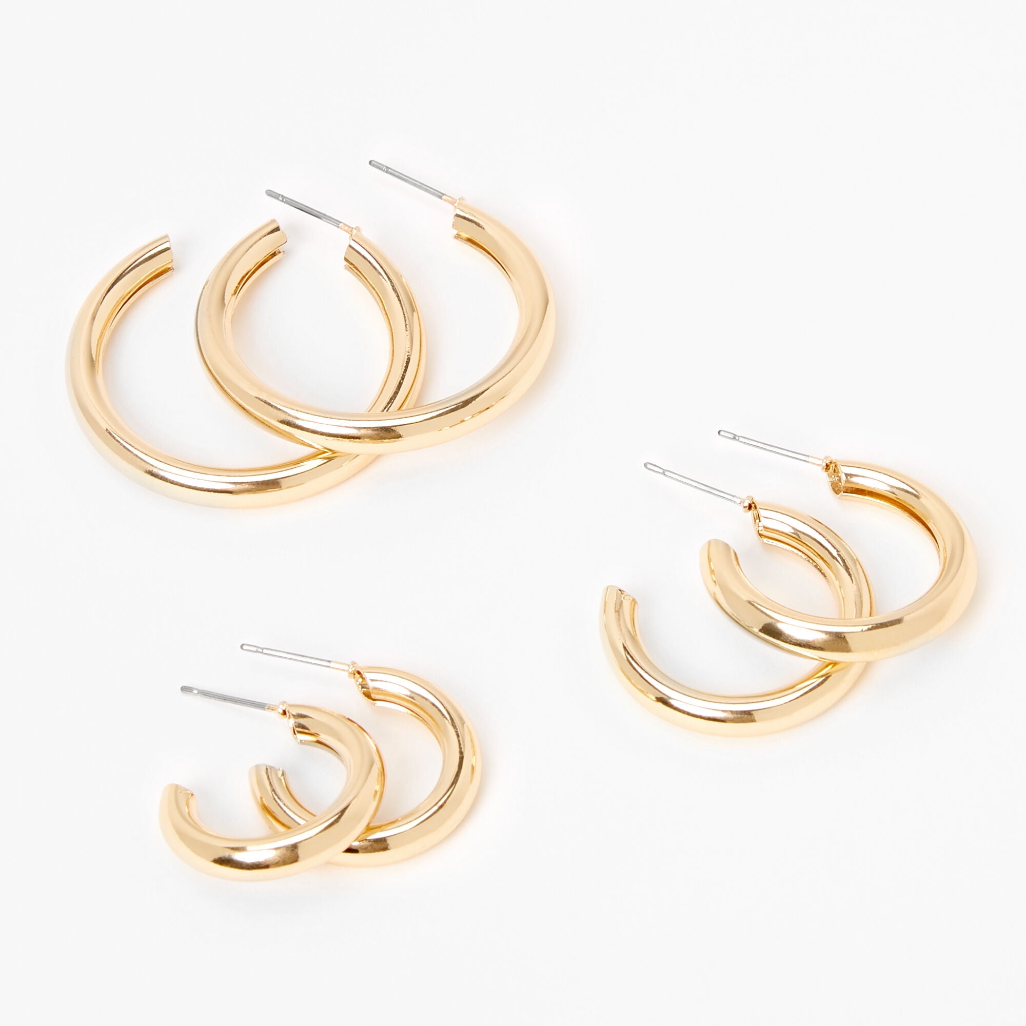 CLAIRE'S Teen and Adult Gold-tone Solid Tube Huggie Hoop Earrings - 3 Pack