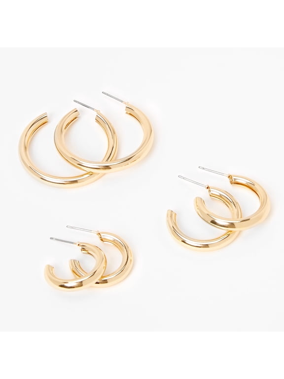 Teen and Adult Gold-tone Solid Tube Huggie Hoop Earrings - 3 Pack