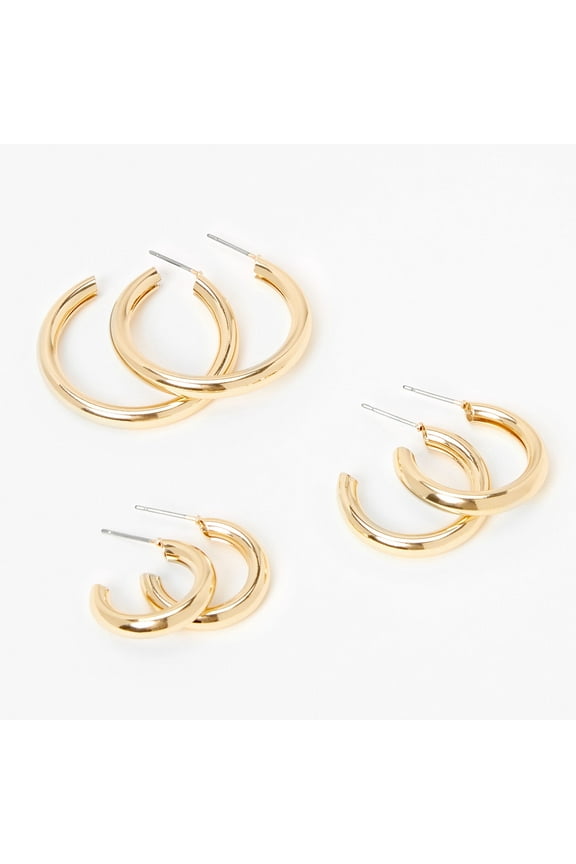 Teen and Adult Gold-tone Solid Tube Huggie Hoop Earrings - 3 Pack