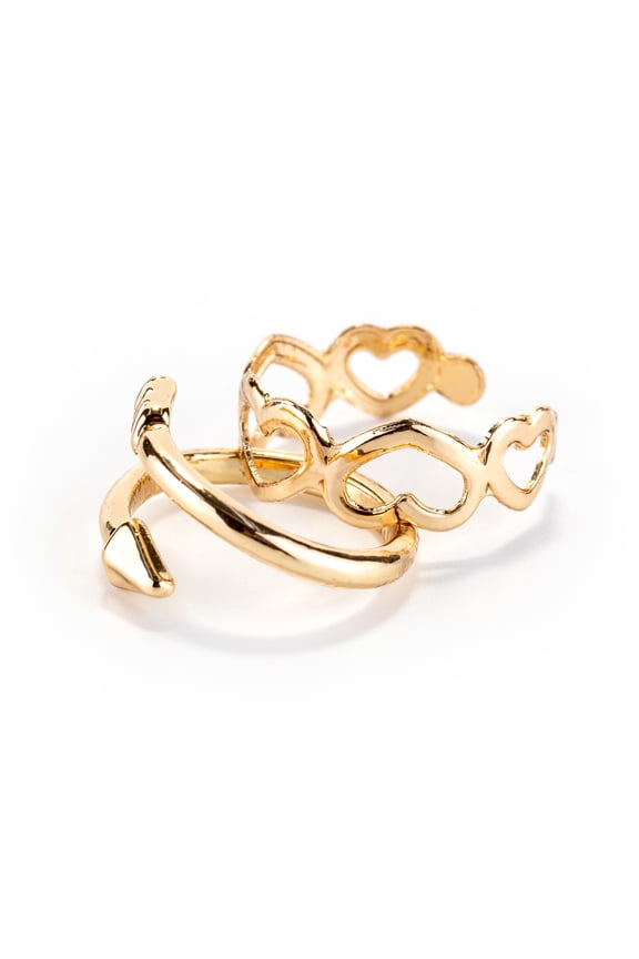 Teen and Adult Woman Gold Heart Arrow Toe Rings Set, Gold Tone, Adjustable Band, 2 Pack