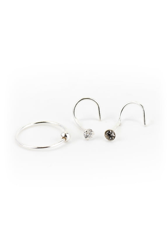 Teen and Adult Woman Sterling Silver 22G Ball and Crystal Nose Rings, 3 Pack