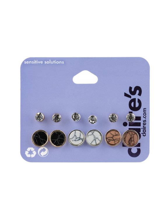 Teenager's Mixed Metal Crystal Marble Stud Earrings Set Post Back 6 Pack 01224 Teen Female