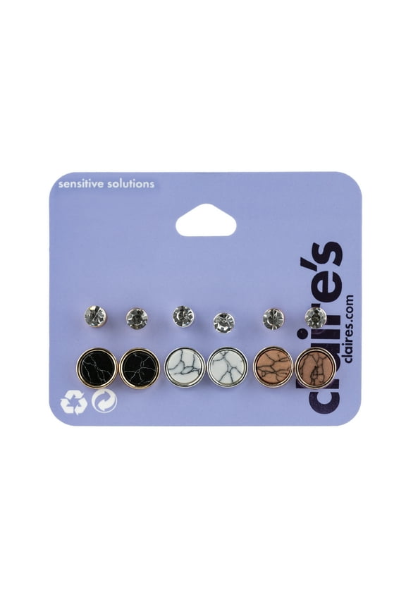 Teenager's Mixed Metal Crystal Marble Stud Earrings Set Post Back 6 Pack 01224 Teen Female