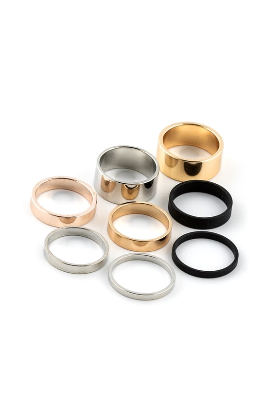 Teenager's Mixed Metallic Solid Band Ring Set, Ring Size 6/7, Small/Medium, 8 Pack