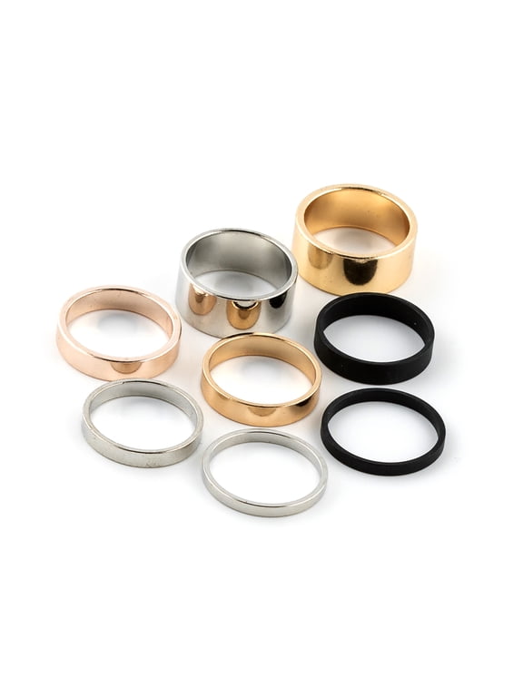 Teenager's Mixed Metallic Solid Band Ring Set, Ring Size 6/7, Small/Medium, 8 Pack