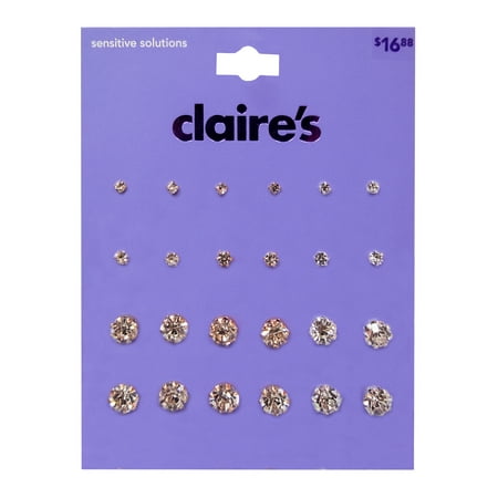 Claire's Teenagers Mixed Metal Graduated Crystal Stud Earrings Set, Post Back, 12 Pack, 73833