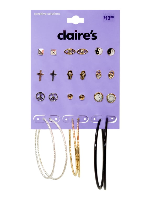 Teenagers Mixed Metal Mystical Stud Hoop Earrings Set Post Back 12 Pack 74230 Adult Unisex