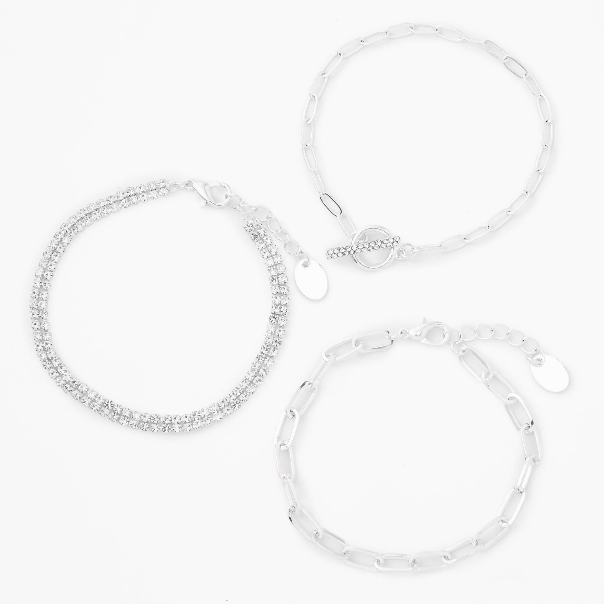 Claire's Tween Accessories Silver Link and Gemstone Cubic Zirconia Bracelets, 3-Pack