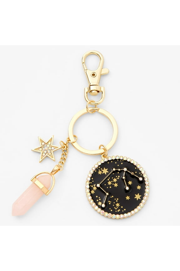Tween Accessories Zodiac Keyring with Gemstone Star and Pink Crystal, Acquarius