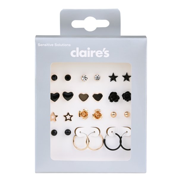 Claire's Tween Black and Gold Earring Set, Roses and Hearts, with Hoops