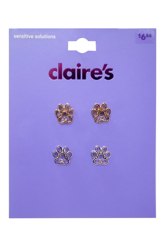 Tween Girls Adorable Silver and Gold Puppy Paw Stud Earrings Set, 2-Pack