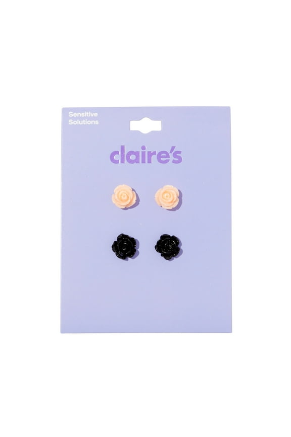 Tween Girls Black and Pink Glitter Rose Stud Earrings, 2-Pack