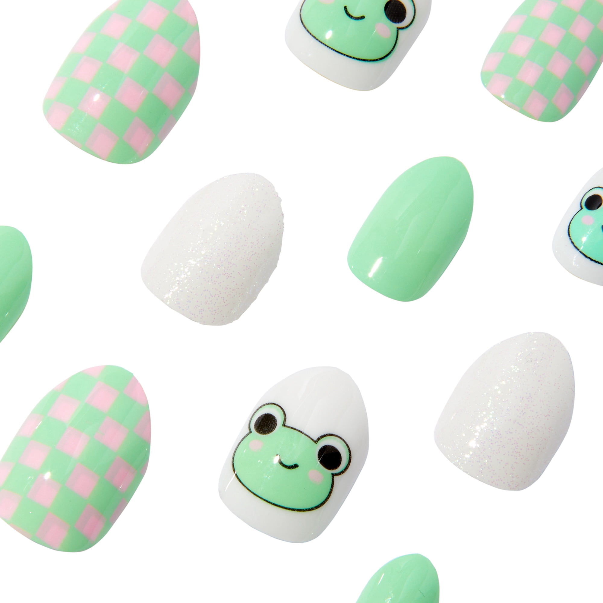 Claire's Tween Girls Green Frog Checkered Almond Shaped Press-on Nails, 24 Nails