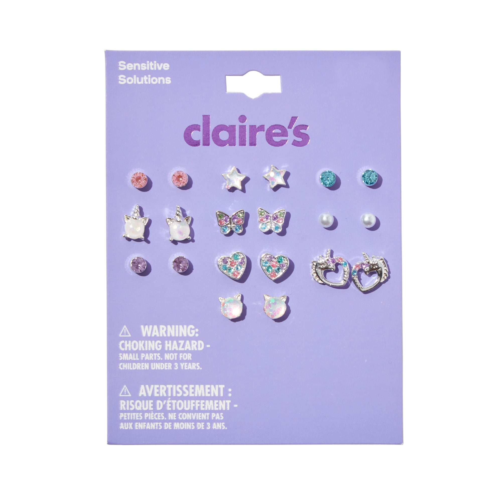 CLAIRE'S Tween Girls Pastel Unicorn, Butterfly, and Heart Stud Earrings, 10-Pack