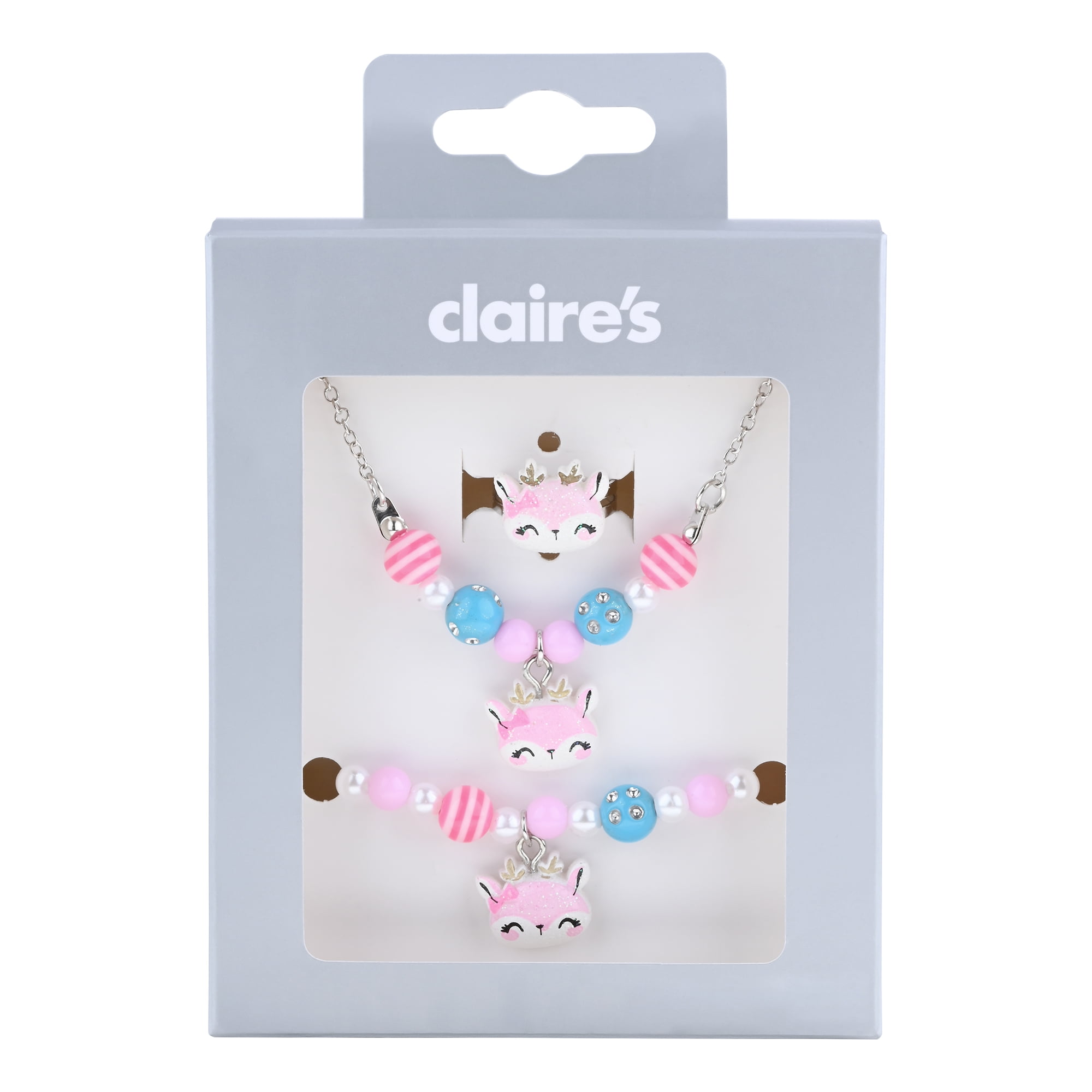 Claire's Tween Pink and Blue Reindeer Jewelry Set, 3 Pieces, Girl's, Size: One size, Silver