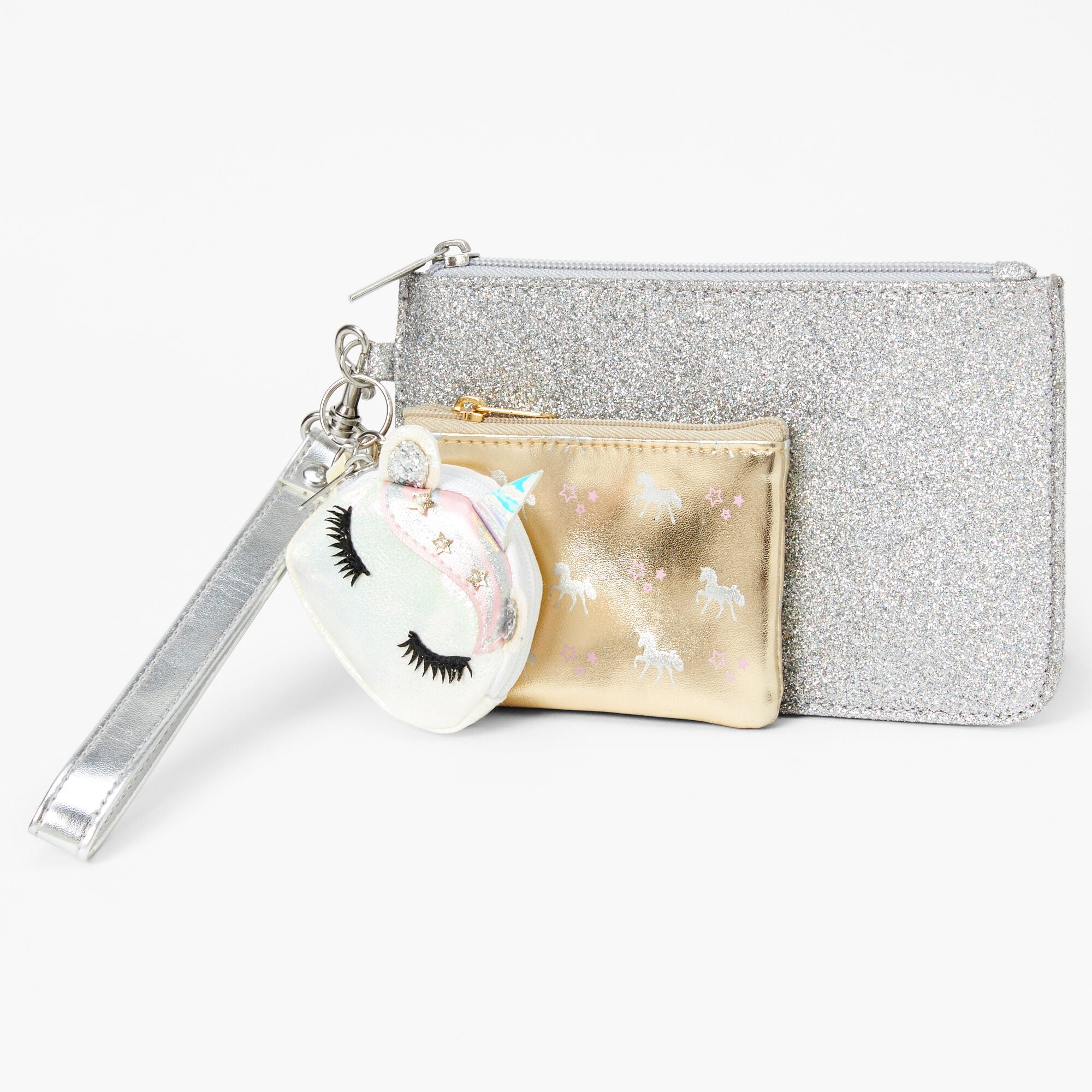 CLAIRE'S Unicorn Little Girl Wristlet Trio - Silver and Gold, 3 Pack, Gray Wallets, Zipper Closure