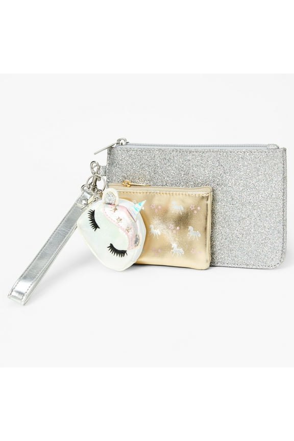 Unicorn Little Girl Wristlet Trio - Silver and Gold, 3 Pack, Gray Wallets, Zipper Closure
