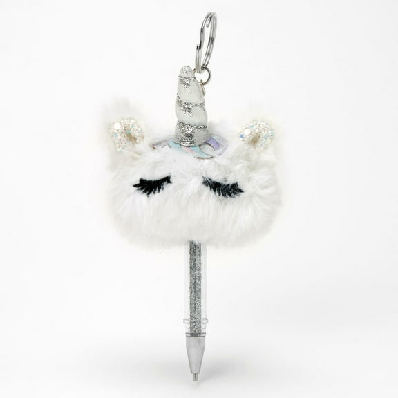 Claires White Pom Pom Plush Unicorn Ballpoint Pen W silver Glitter Keychain
