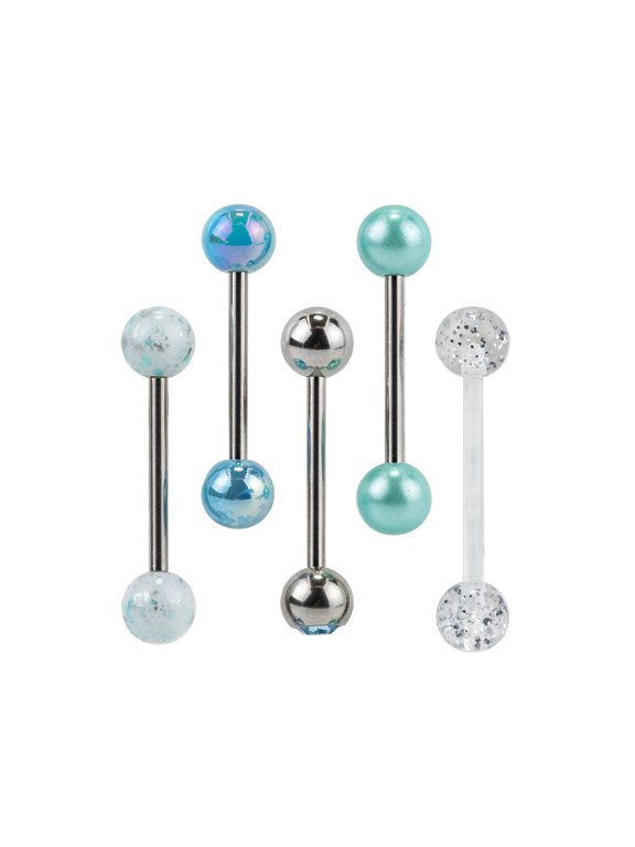 Women's Aqua Barbell Tongue Rings, 14G/1.63mm, Stainless Steel, 5 Pack
