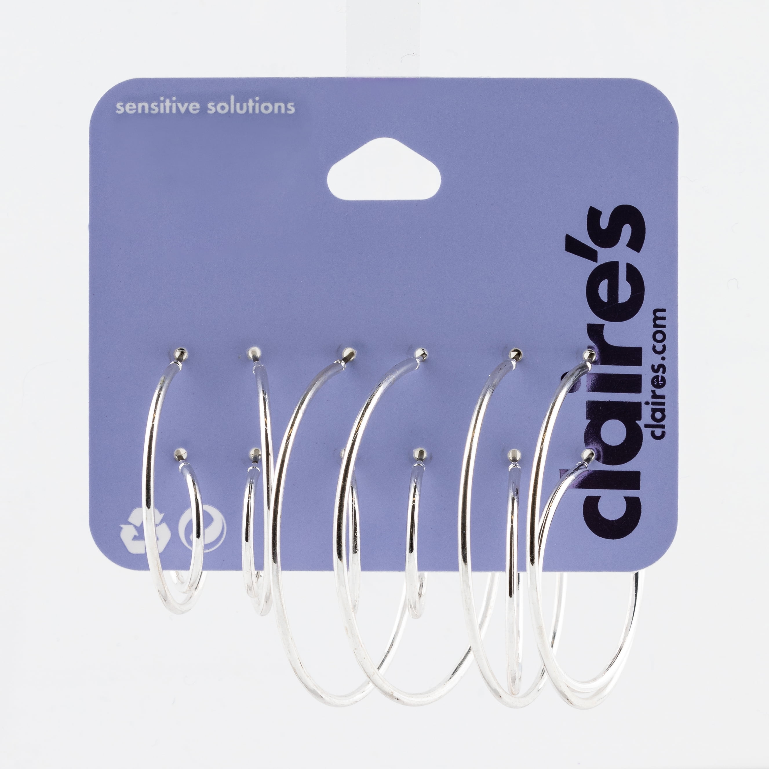 CLAIRE'S Women's Crystal Silver Graduated Hoop Earrings Set Female Adult