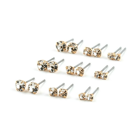 Claire's Women's Gold Graduated Crystal Stud Earrings Set, Post Back, 9 Pack, 03074